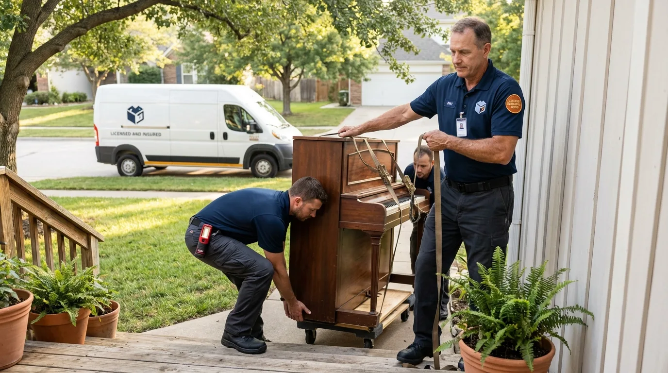Licensed piano movers securing grand piano in West Tisbury, MA
