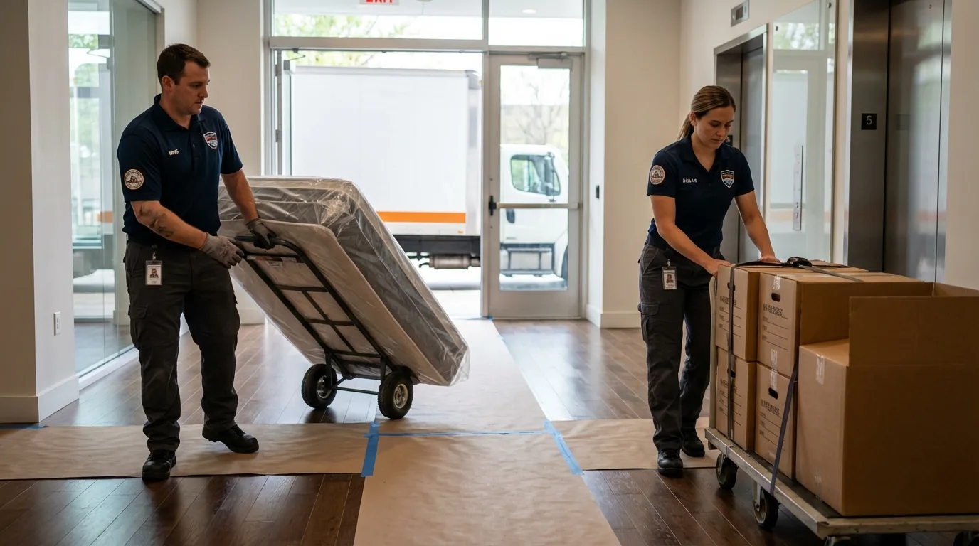 Professional apartment movers loading elevator in West Tisbury, MA
