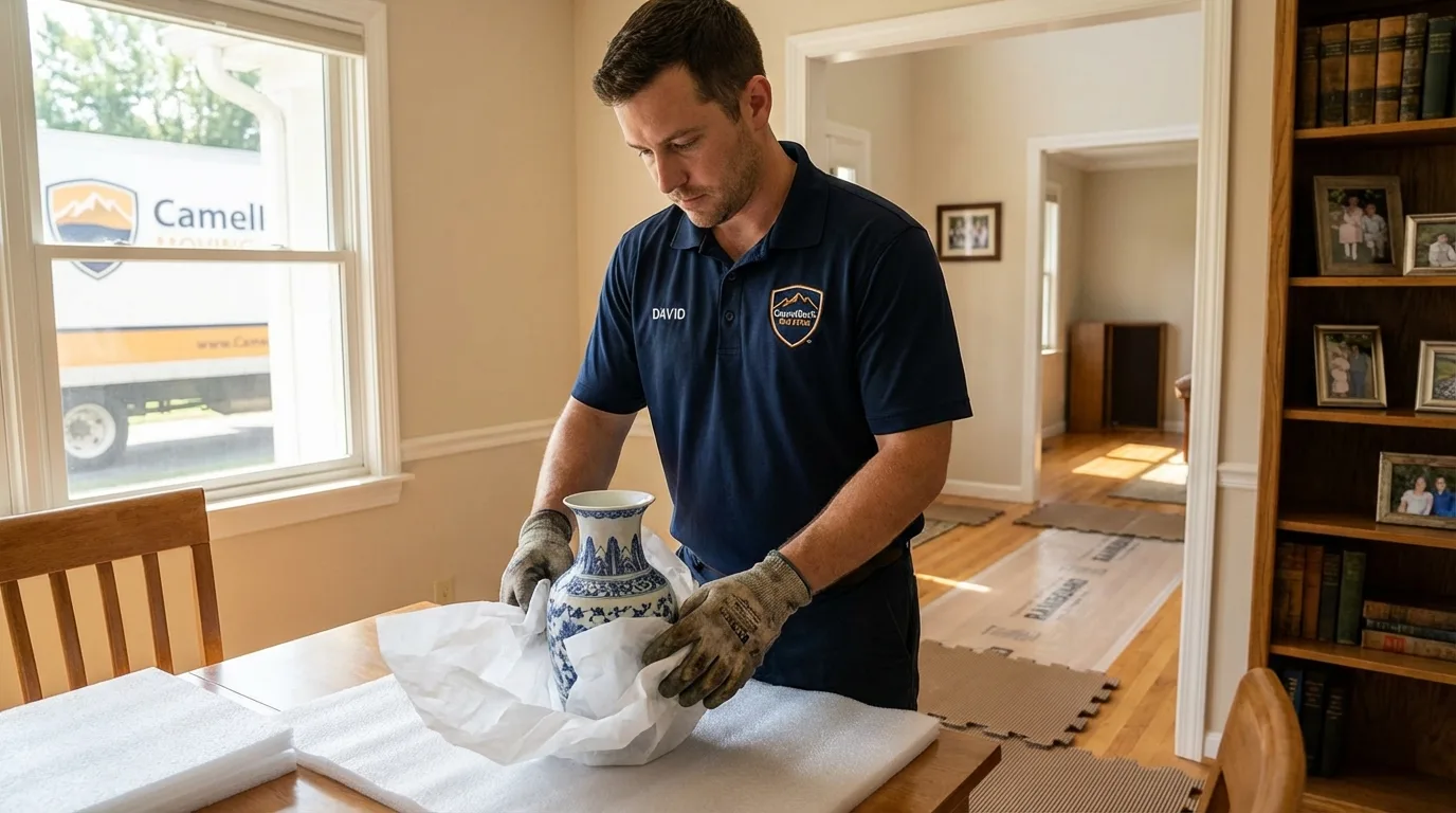 Professional crew carefully wrapping antique vase for senior downsizing move in West Tisbury, MA