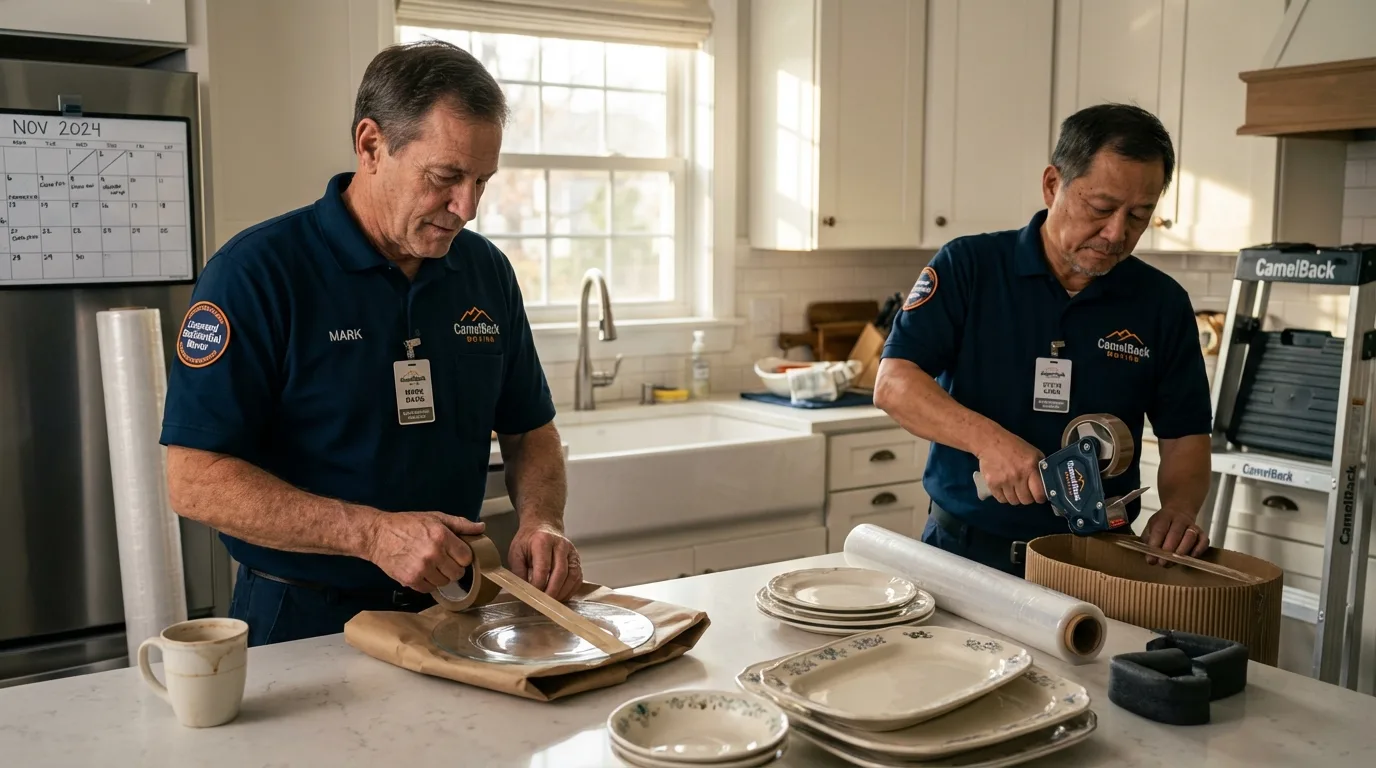 Professional crew packing kitchen dishware in West Tisbury, MA